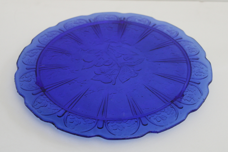 vintage reproduction depression glass cake plate, cherry blossom pattern cobalt blue glass