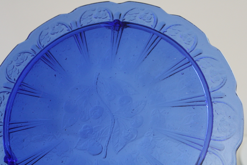 vintage reproduction depression glass cake plate, cherry blossom pattern cobalt blue glass