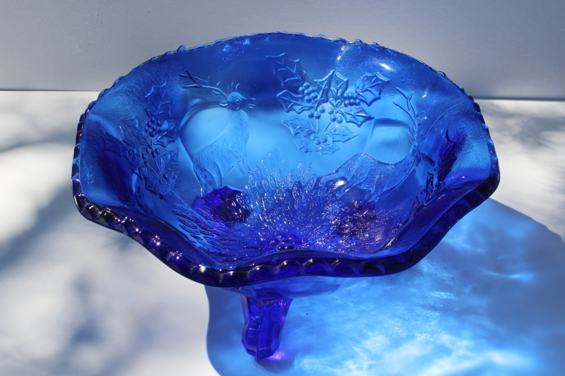 vintage reproduction stag deer  holly pattern glass bowl, cobalt blue glass