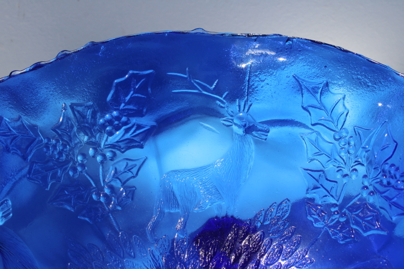 vintage reproduction stag deer  holly pattern glass bowl, cobalt blue glass