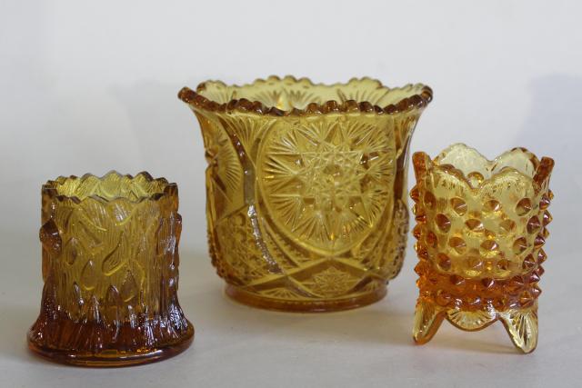 vintage reproductions of antique glass whimsies, amber glass spooner and toothpick holders