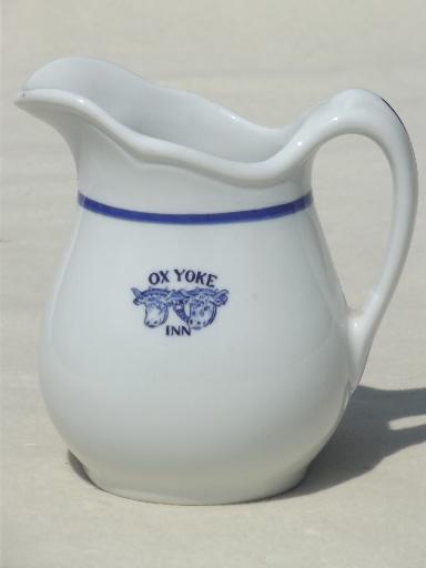 vintage restaurant china, blue & white ironstone pitcher w/ cows Ox Yoke Inn