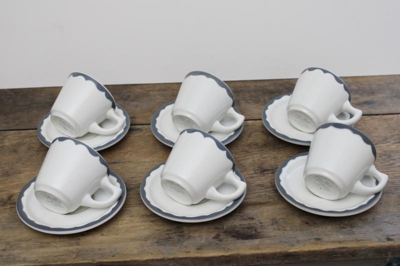 vintage restaurant china coffee cups & saucers, heavy white ironstone w/ grey border farmhouse style