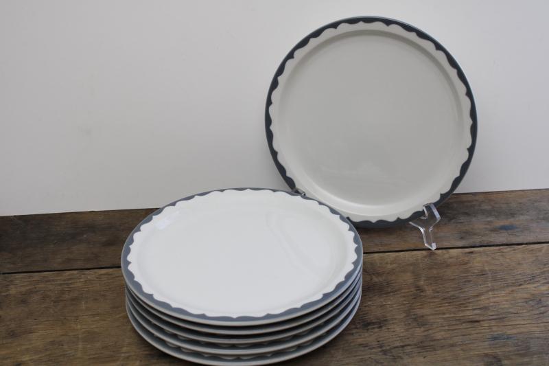 vintage restaurant china dinner plates, heavy white ironstone w/ grey border farmhouse style