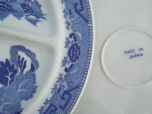 vintage restaurant china grill plates, Japan blue willow divided plates
