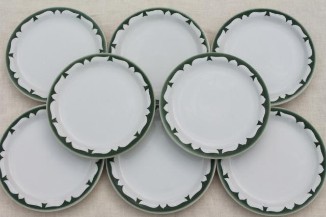 vintage restaurant china plates, deep pine green stencil border on white ironstone dishes