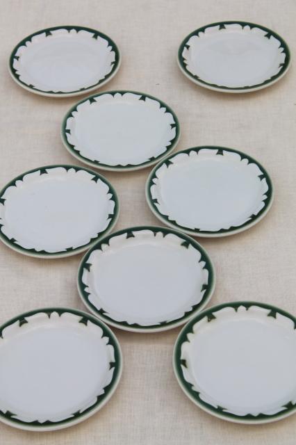 vintage restaurant china sandwich / pie plates, deep pine green stencil border on white ironstone