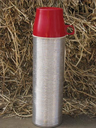 vintage ribbed aluminum Thermos bottle w/ cups for hunting, fishing, camping