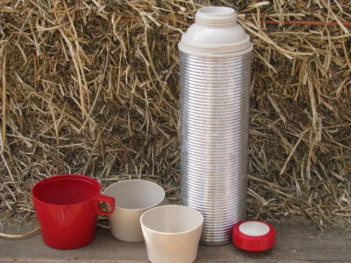 vintage ribbed aluminum Thermos bottle w/ cups for hunting, fishing, camping