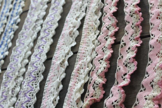 vintage rick-rack lace, handmade crochet edgings, colorful sewing trim for pillowcases