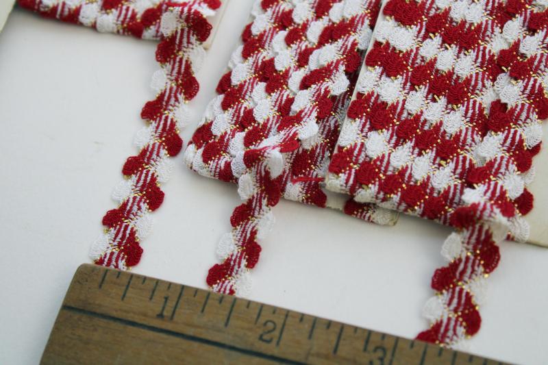 vintage rick-rack or braid trim, farmhouse style red & white gingham or houndstooth