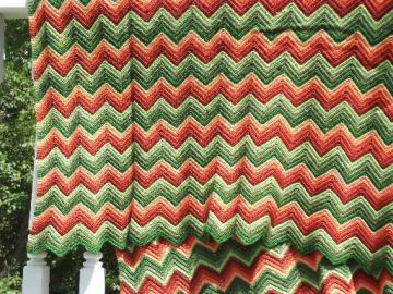 vintage ripple crochet afghan, retro striped shades of green & brown