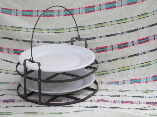 vintage riveted iron picnic pie/cake carrier w/white ironstone plates