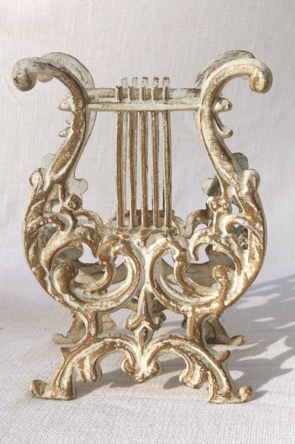 vintage rococo style cast metal lyre harp music stand / magazine rack, antique gold & white