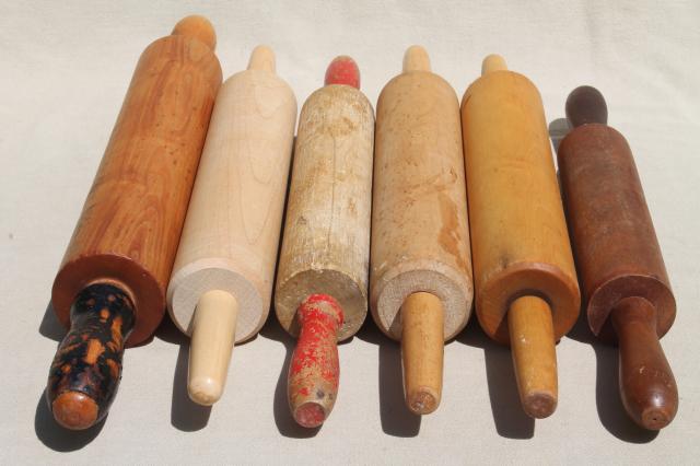 vintage rolling pins, old wood rolling pin collection, primitive kitchenware