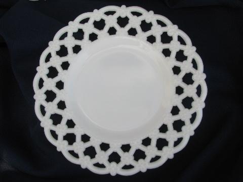 vintage rose lattice open lace milk glass plates, lacy edge border
