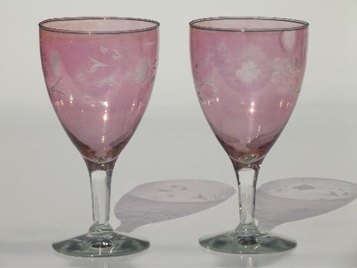 vintage rose luster wine glasses w/ flowers, wheel cut glass stemware