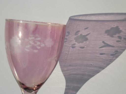 vintage rose luster wine glasses w/ flowers, wheel cut glass stemware