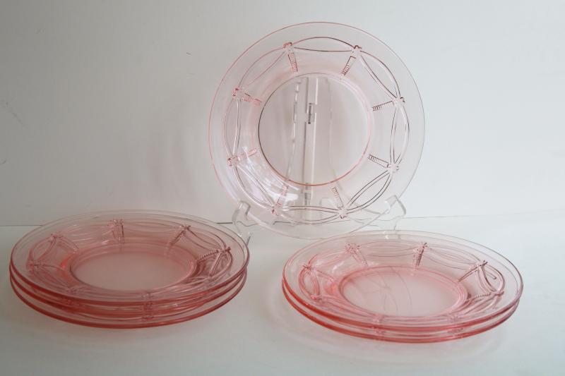 vintage rose pink glass luncheon or salad plates, spoke and swag pattern elegant glass