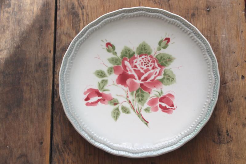 vintage rose stencil faience pottery plate, French country style w/ old Germany mark