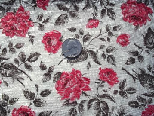 vintage roses linen weave fabric, pink and ivory cotton / poly blend
