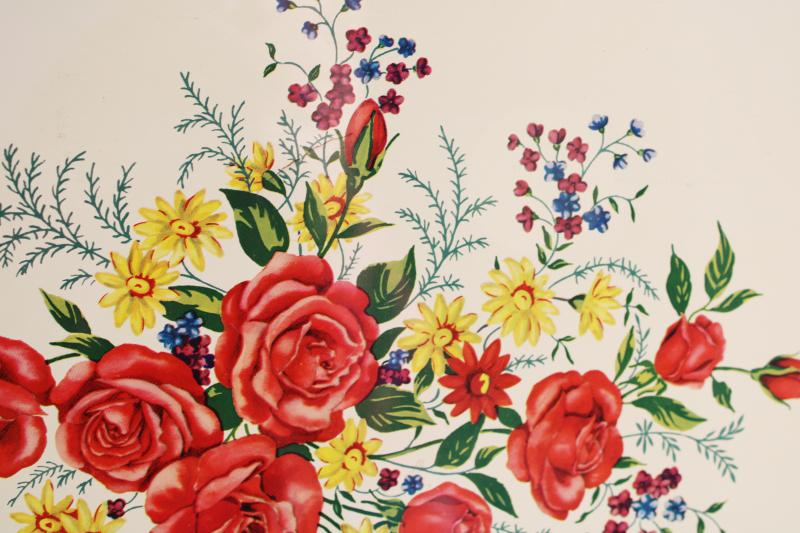 vintage roses print metal tray floral on creamy white, farmhouse cottage style