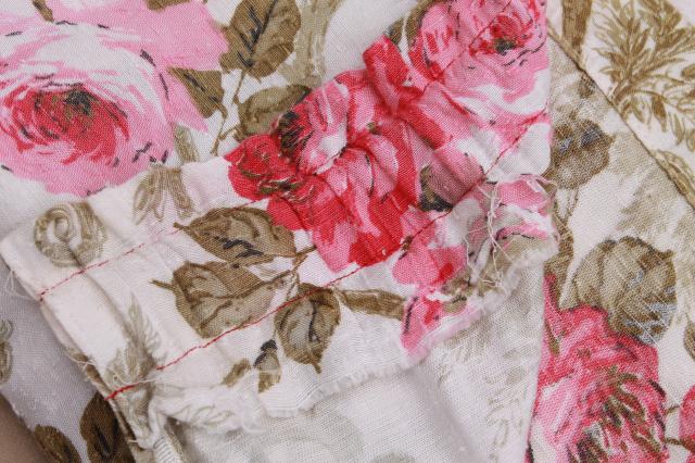 vintage roses print rayon barkcloth curtain panels, shabby cottage chic pink rose floral drapes