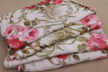 vintage roses print rayon barkcloth curtain panels, shabby cottage chic pink rose floral drapes
