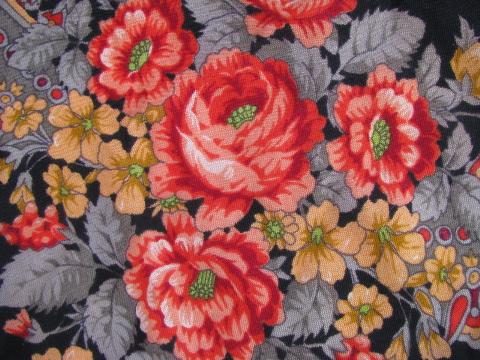 vintage roses print wool challis fabric shawl or scarf, fringed table or piano cover