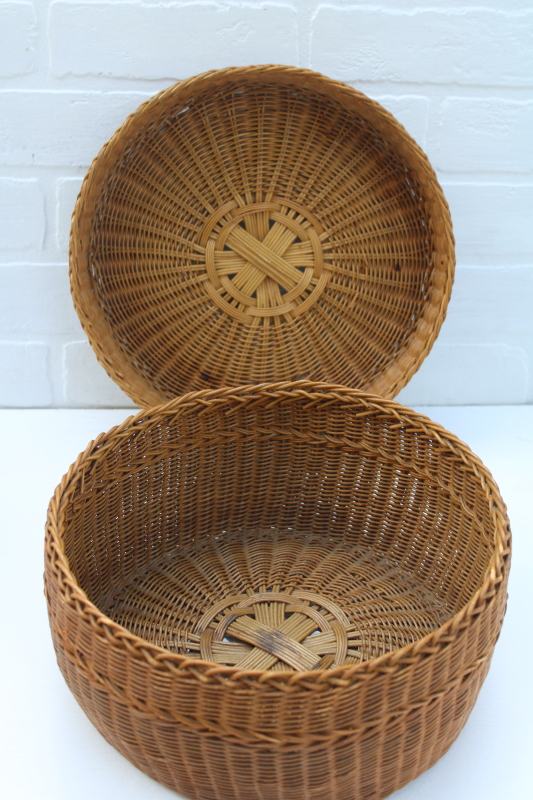 vintage round wicker hat box or sewing basket, natural color neutral decor decorative storage