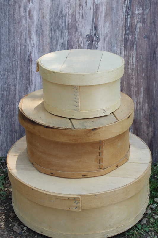 vintage round wood cheese boxes, small medium large nesting stack primitive farm country decor