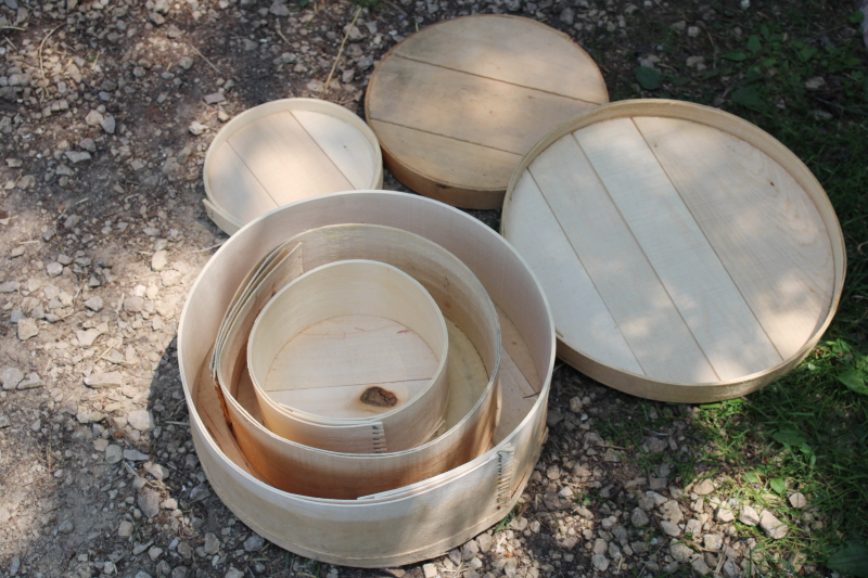 vintage round wood cheese boxes, small medium large nesting stack primitive farm country decor