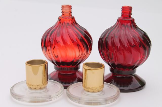 vintage royal ruby red Avon bottle candlesticks, swirl glass candle holders pair