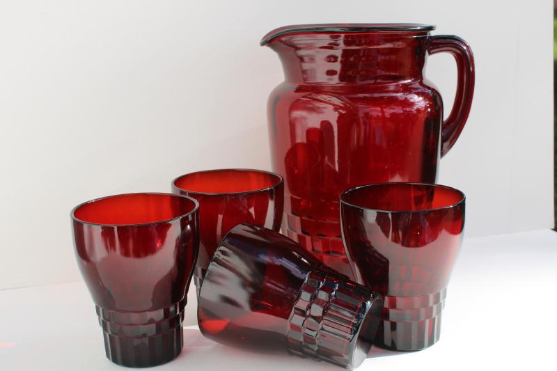 vintage royal ruby red Windsor pattern glass pitcher and flat tumblers drinking glasses