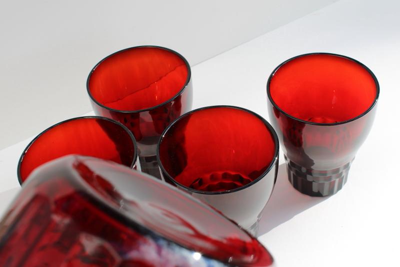 vintage royal ruby red Windsor pattern glass pitcher and flat tumblers drinking glasses