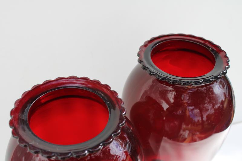 vintage royal ruby red glass Anchor Hocking glassware, large urn shape flower vases