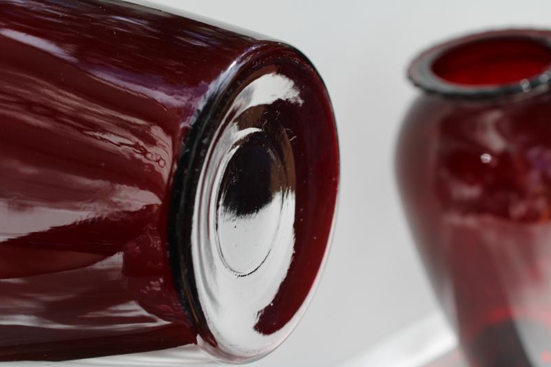 vintage royal ruby red glass Anchor Hocking glassware, large urn shape flower vases