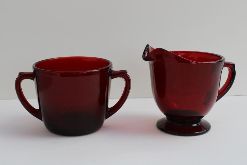 vintage royal ruby red glass cream pitcher & sugar set, creamer & open sugar bowl