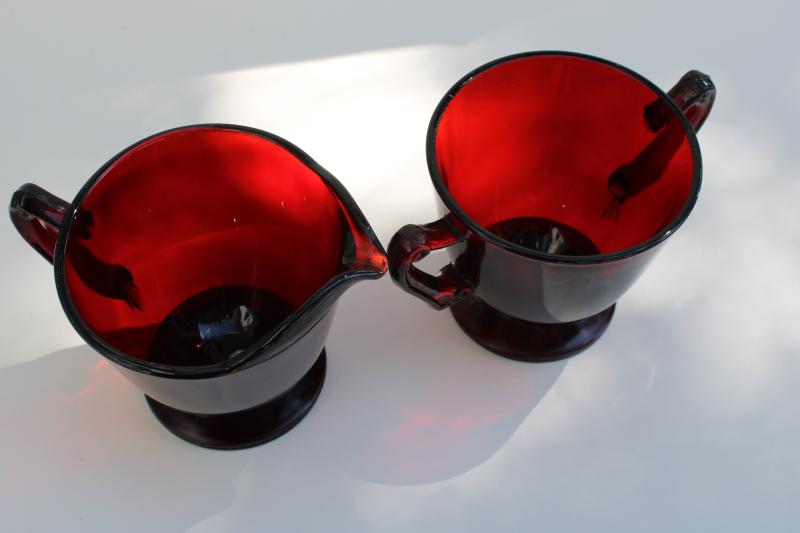 vintage royal ruby red glass cream & sugar set, pitcher & open footed sugar bowl