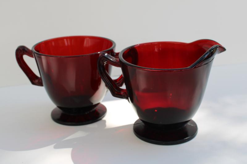 vintage royal ruby red glass cream & sugar set, pitcher & open footed sugar bowl
