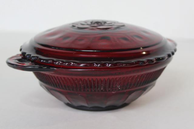 vintage royal ruby red glass powder puff box, round trinket dish w/ flower lid