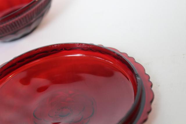 vintage royal ruby red glass powder puff box, round trinket dish w/ flower lid
