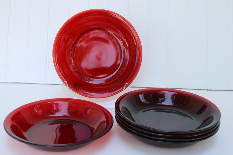 vintage royal ruby red glass soup bowls, set of six pie plate shape dishes