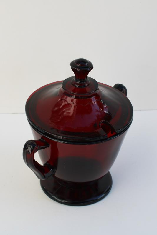 vintage royal ruby red glass sugar bowl or jam jar w/ notched lid for spoon