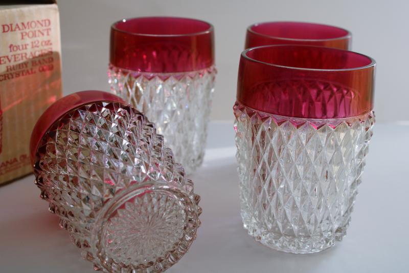 vintage ruby band diamond point Indiana glass drinking glasses, lowball tumblers