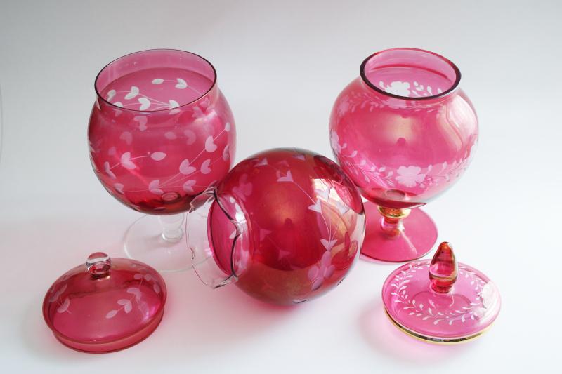 vintage ruby cranberry flash color etched glass, apothecary jars and rose bowl vase
