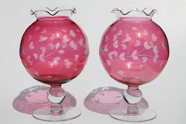 vintage ruby cranberry red stain glass globe vases, pair wheel cut etched glass ivy balls