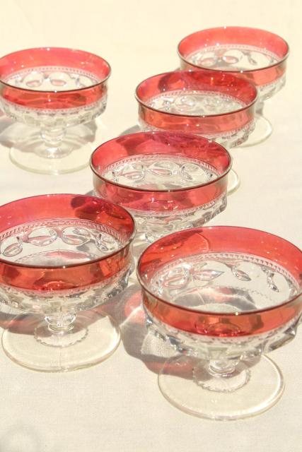 vintage ruby flashed King's Crown pattern glass, sherbet dishes or champagne glasses