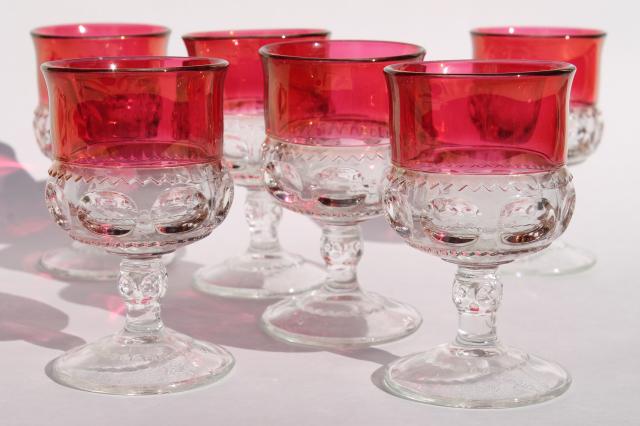 vintage ruby flashed King's Crown pattern glass stemware, set of six wine glasses