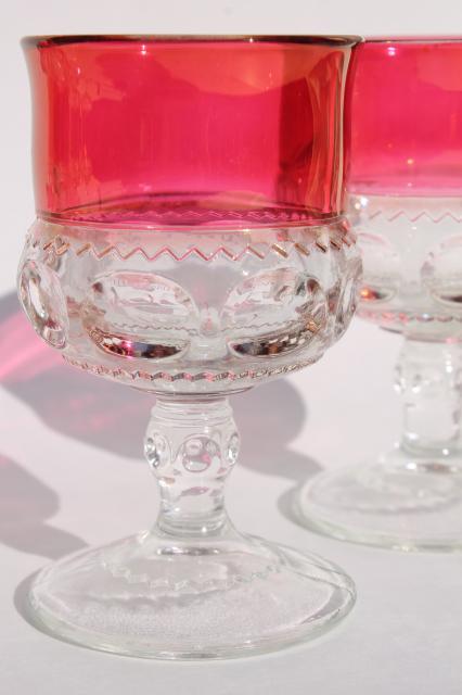 vintage ruby flashed King's Crown pattern glass stemware, set of six wine glasses